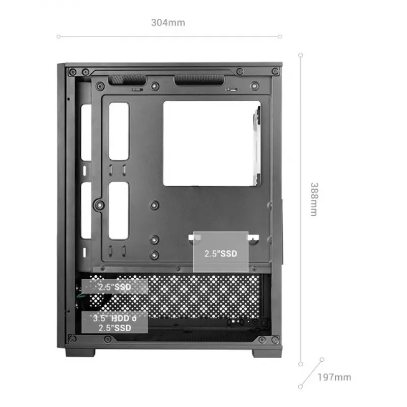 Mini bokso korpusas TACENS Mars Gaming MC-SE2 — Mini-ITX / Micro-ATX, juodas, šoninis langas, maitinimo šaltinis apačioje, palaiko 2x2,5 colio + 1x3,5 colio