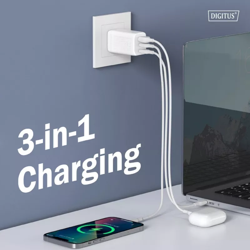 Sieninis įkroviklis DIGITUS DA-10303 67W GaN, 2× USB-C + 1× USB-A, 100–240 V, baltas