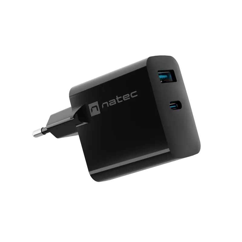 Laidinis mobiliojo įrenginio įkroviklis NATEC NUC-2145, 65W, USB-C PD 3.0 + QC 3.0, 1x USB-C, 1x USB-A, 110–240V, Juodas