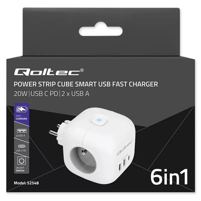 QOLTEC 52548 ilgintuvas su 3×AC lizdais ir USB prievadu