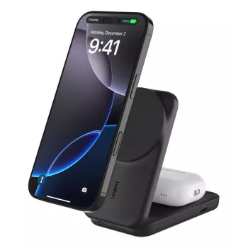 Belkin UltraCharge 25 W Qi2 2 viename lankstoma belaidžio įkrovimo stotis, juoda (WIZ038KQBK)