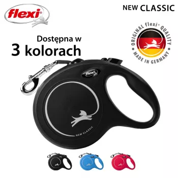 Flexi New Classic L 5 m Juoda – atsukamas pavadėlis su juostele, didelėms šunų veislėms (25–45 kg), maks. apkrova 50 kg