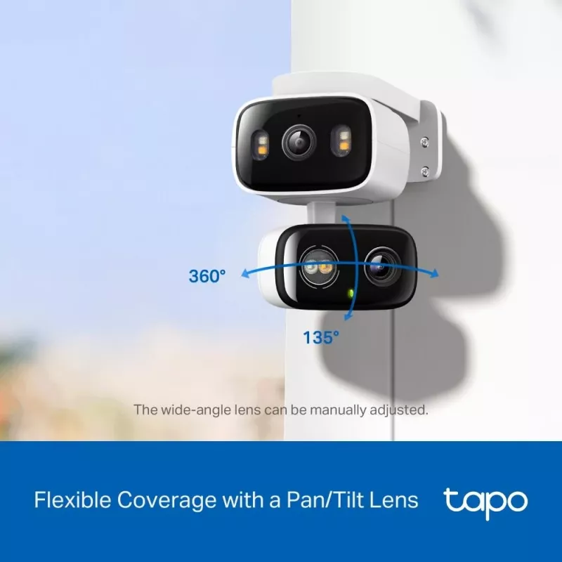 IP apsaugos kamera TP-LINK Tapo C246D — 3MP (2304×1296), 2,8 mm, 107,8° FOV, PTZ dviejų objektyvų, IP65, Wi-Fi/Gigabit, microSD iki 512 GB