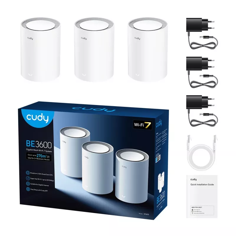 „Cudy M3600“ Wi‑Fi 7 dviejų juostų (2,4/5 GHz) tinklo sistema, 3 vnt. rinkinys, 2882/688 Mbps, 3x LAN, vidinės antenos