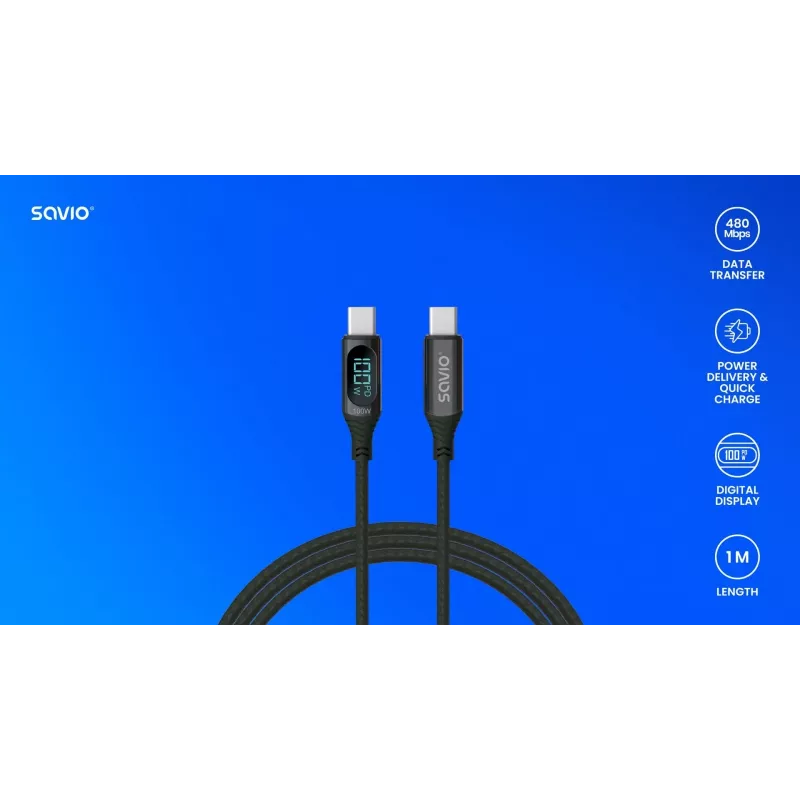 Savio CL-174 USB-C–USB-C kabelis, 100 W, Power Delivery/Quick Charge, skaitmeninis ekranas, 1 m, žalias