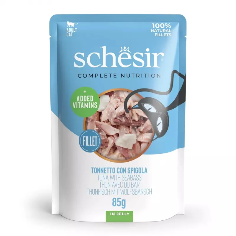 Šlapias ėdalas katėms SCHESIR in jelly Tuna with seabass – tunas su jūriniu ešeriu drebučiuose, 85 g