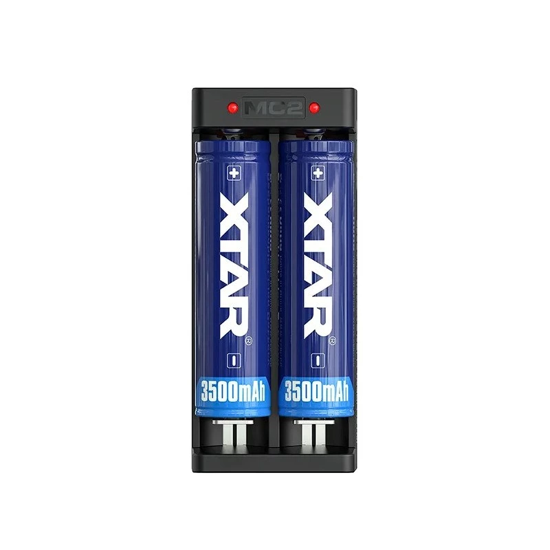 XTAR dviejų lizdų Li-Ion akumuliatorių įkroviklis 18650 elementams, USB-C įvestis, juodas, LED indikatoriai