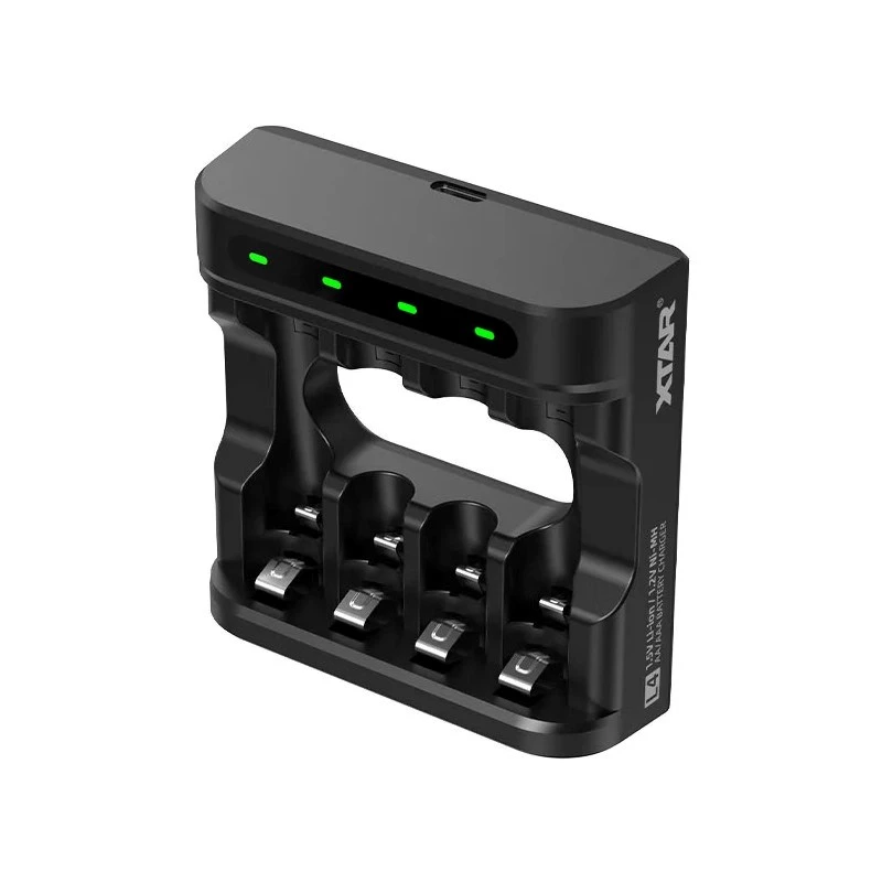 Baterijų įkroviklis XTAR 4 lizdai AA/AAA (Li-ion, NiMH) USB-C, LED indikatoriai, juodas