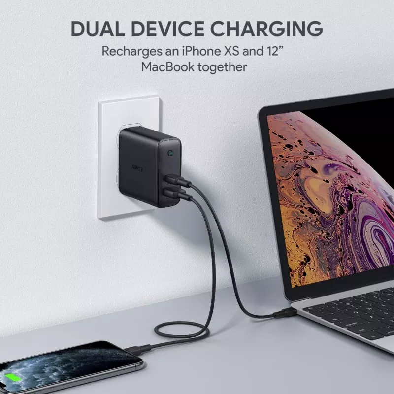 Aukey PA-D3 Sieninis įkroviklis 2xUSB Power Delivery (1xUSB + 1xUSB C) 5.4A 60W Dynamic Detect