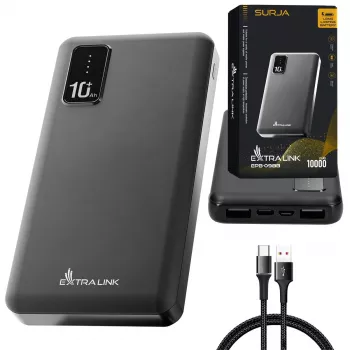 Power bank Extralink EPB-098B 10000 mAh, LiPo, 2× USB-A + 1× USB-C, juoda