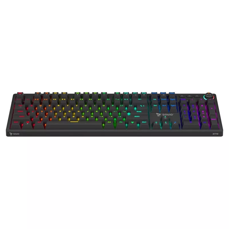 Mechaninė žaidimų klaviatūra SAVIO STYX Outemu Red — Pilno dydžio 104 klavišų USB laidinė, RGB, ANSI US International, 1,5 m, Juoda