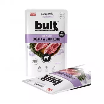 Šlapias šunų ėdalas BULT Rich in lamb 100 g pakelis – pilnavertis suaugusių šunų ėdalas, 75 % drėgmės, 12 % baltymų, be grūdų