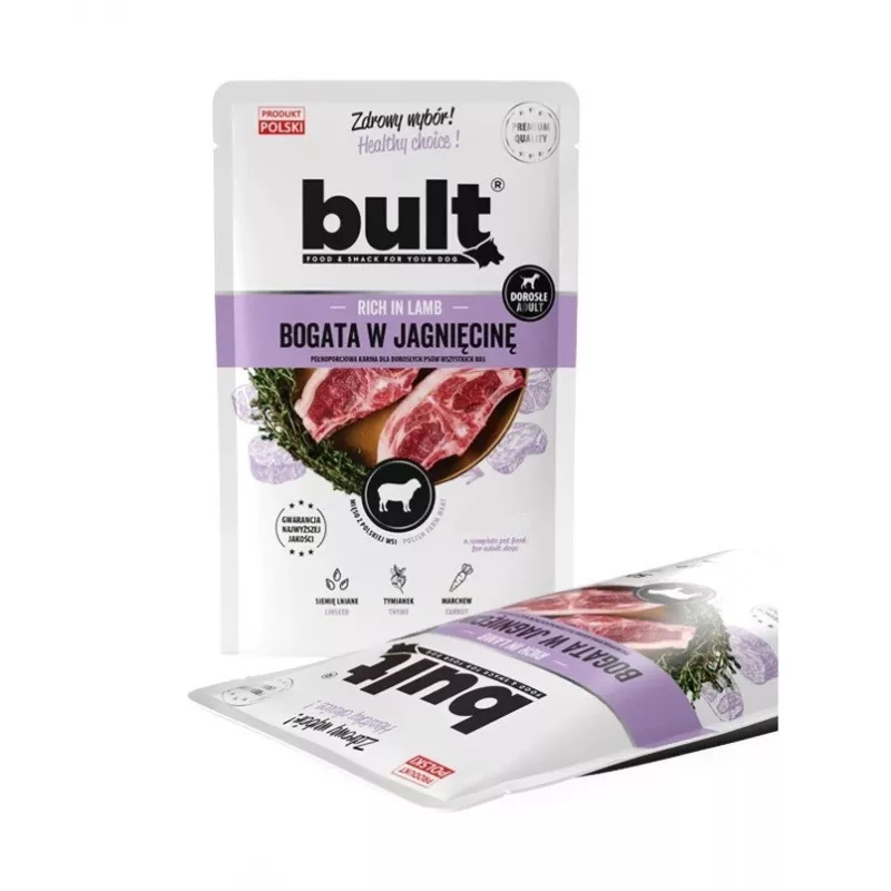 Šlapias šunų ėdalas BULT Rich in lamb 100 g pakelis – pilnavertis suaugusių šunų ėdalas, 75 % drėgmės, 12 % baltymų, be grūdų