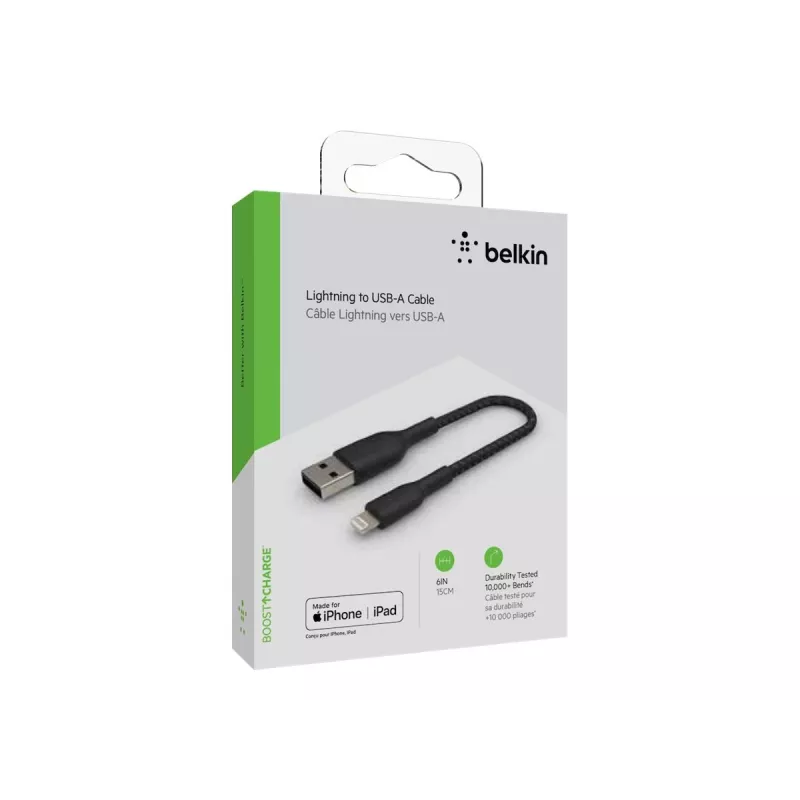 Belkin USB-A–Lightning pintas kabelis 15 cm juodas