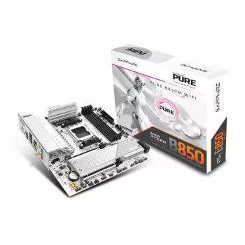Motininė plokštė Sapphire PURE B850M WIFI Micro ATX — AMD B850, Socket AM5, DDR5 iki 8000 MHz, 4 DIMM, Wi‑Fi 6, 2.5Gb LAN, 2× M.2, PCIe 5.0 x16