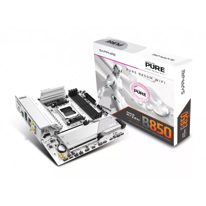 Motininė plokštė Sapphire PURE B850M WIFI Micro ATX — AMD B850, Socket AM5, DDR5 iki 8000 MHz, 4 DIMM, Wi‑Fi 6, 2.5Gb LAN, 2× M.2, PCIe 5.0 x16