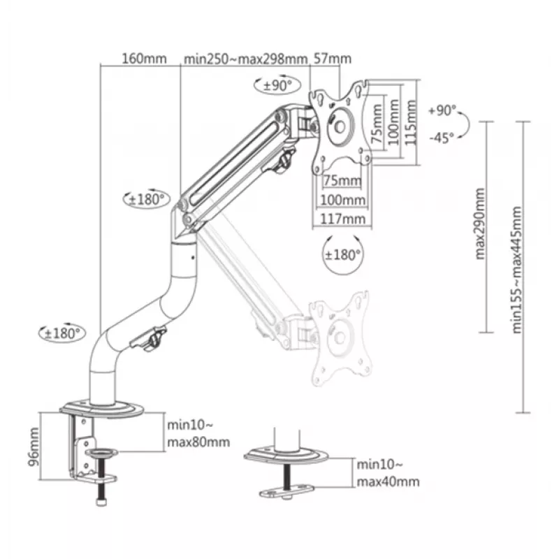 Gembird MA-DA1-02 Reguliuojama stalinė laikiklio ranka monitoriui (pakreipiama), 17”-32”, iki 8 kg