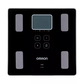 Asmeninės elektroninės svarstyklės Omron VIVA – kvadratinės, juodos, 150 kg, 100 g tikslumas, kūno riebalai/KMI/BMR, 30 vartotojų atmintis