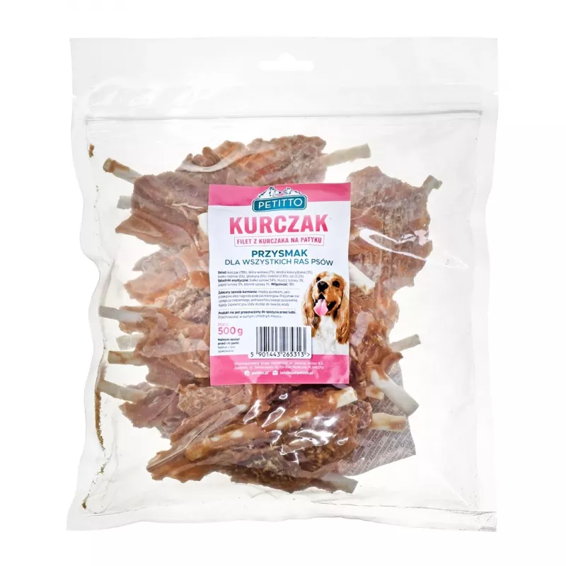 Šunų skanėstai PETITTO vištienos filė ant lazdelės 500 g – paukštienos dietinis užkandis, 500 g plastikinė pakuotė