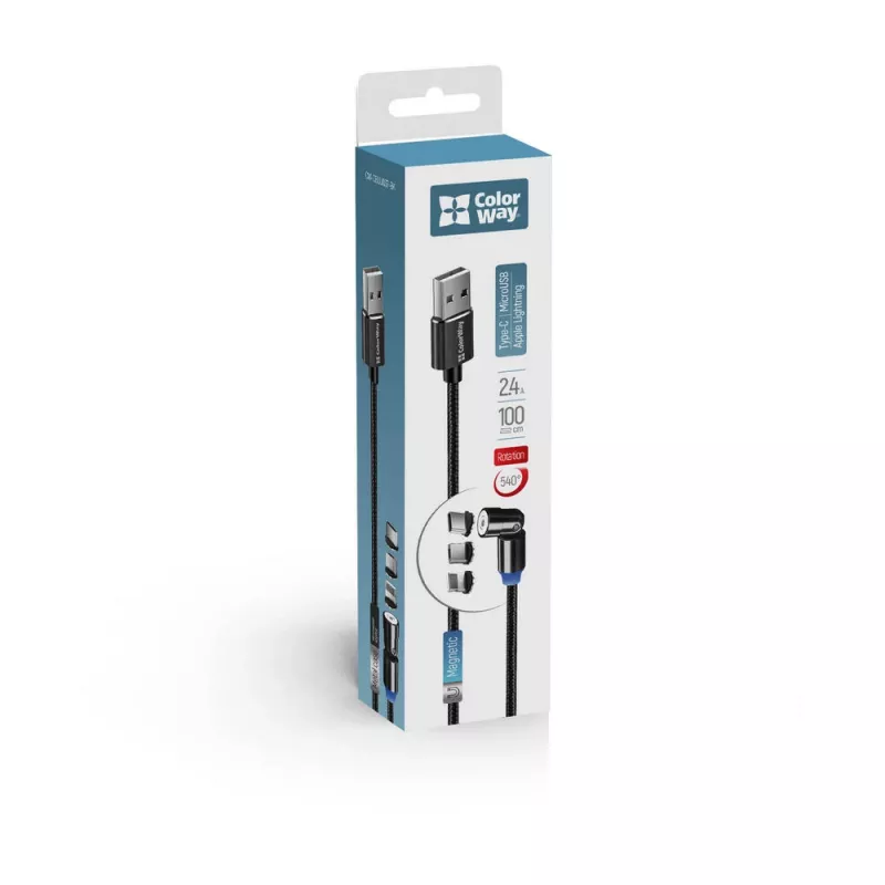 3 viename įkrovimo laidas ColorWay CW-CBUU037-BK — Lightning, Micro-USB, USB-C, 1 m, 2,4 A