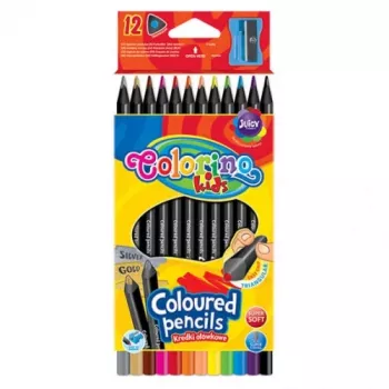 Colorino Kids trikampiai spalvoti pieštukai 12 spalvų (su galąstuvu) juodas medinis