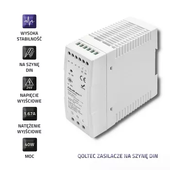 Qoltec maitinimo šaltinis ant DIN bėgelio | 40W | 24V | 1,67A | Baltas | Siauras