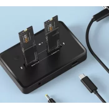 GEMBIRD DD2-U3M2 stalinė dviejų diskų dokavimo stotelė USB Type-C M.2 NVMe ir SATA SSD, palaiko M.2 2242, 20 Gbit/s, RTL9210B