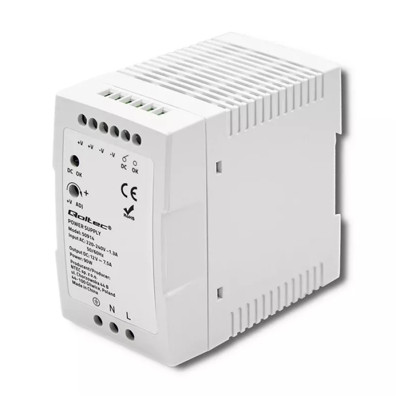 Qoltec 50914 DIN bėgio maitinimo šaltinis | 90W | 12V | 7,5A | Baltas | Plonas