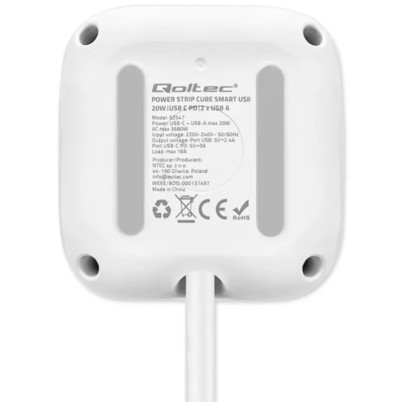 Power Cube QOLTEC 52547 maitinimo blokas 3×AC lizdai, 2×USB-A, 1×USB-C PD 20W