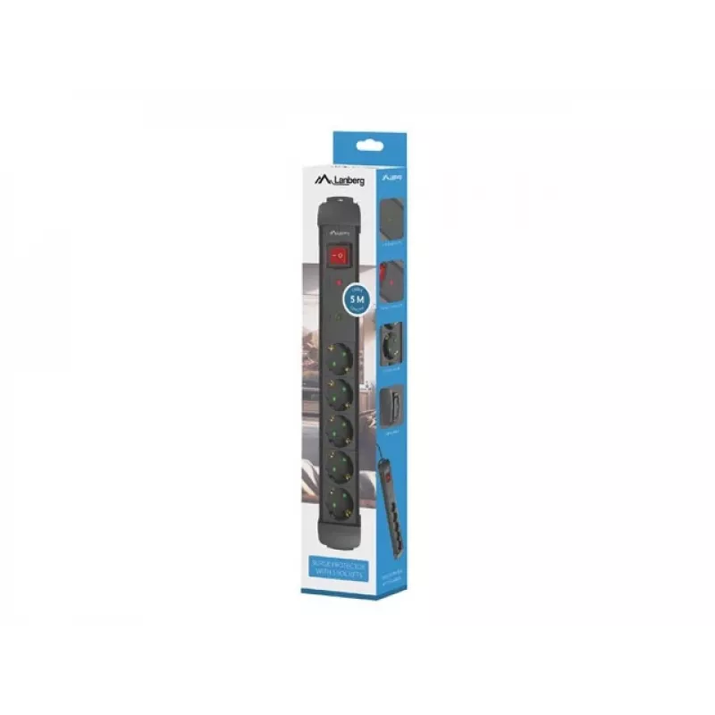 Prailginimo laidas Lanberg SP1-05F-0500-BK 5m 5 AC kištukiniai lizdai vidaus juodas