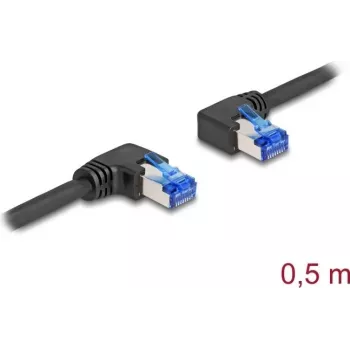Tinklo kabelis DeLOCK RJ45 Cat.6A S/FTP dešinysis kairysis kampinis 0,5 m juodas