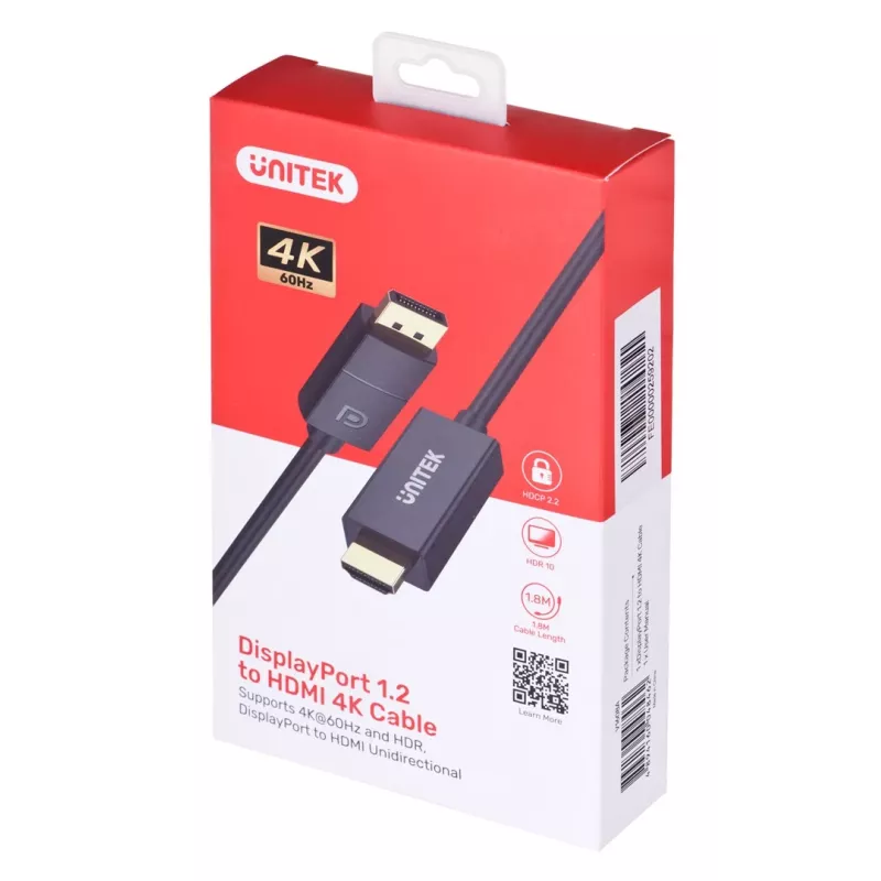 UNITEK V1608A DisplayPort 1.2 – HDMI kabelis, 4K@60Hz, 1,8 m