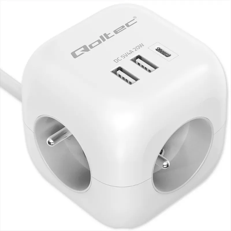 Power Cube QOLTEC 52547 maitinimo blokas 3×AC lizdai, 2×USB-A, 1×USB-C PD 20W