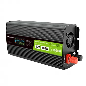 Green Cell PowerInverter LCD 12 V 500W/1000W automobilinis keitiklis su ekranu – gryno sinusinio bangos keitiklis, juodas