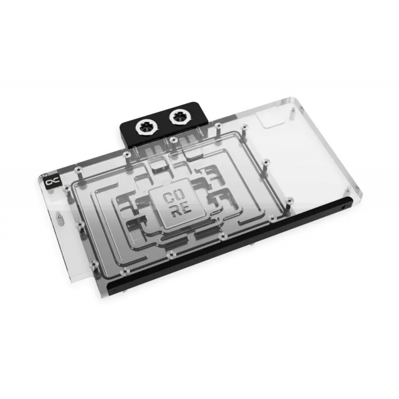 Alphacool Core serijos GPU vandens aušintuvas su akriliniu dangteliu, aliuminio galine plokšte, chromuotu variu ir nailono terminalu – juodas, permatomas