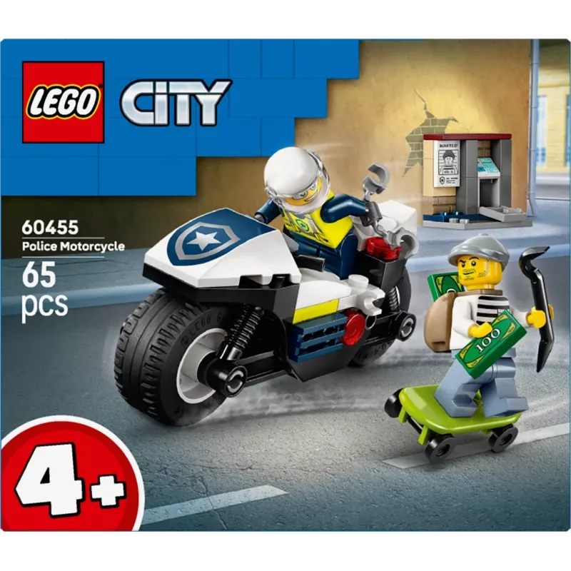 LEGO City Policijos motociklo persekiojimo rinkinys 60455 – 65 dalių, 2 minifigūrėlės, nuo 4 metų