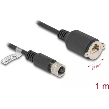 Tinklo kabelis DeLOCK M12 D-koduotas 4 kontaktų kištukas į RJ45 lizdą Cat5e 1 m juodas
