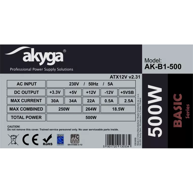 Akyga Basic AK-B1-500 ATX maitinimo blokas 500 W, 120 mm ventiliatorius, pasyvus PFC, pilkas