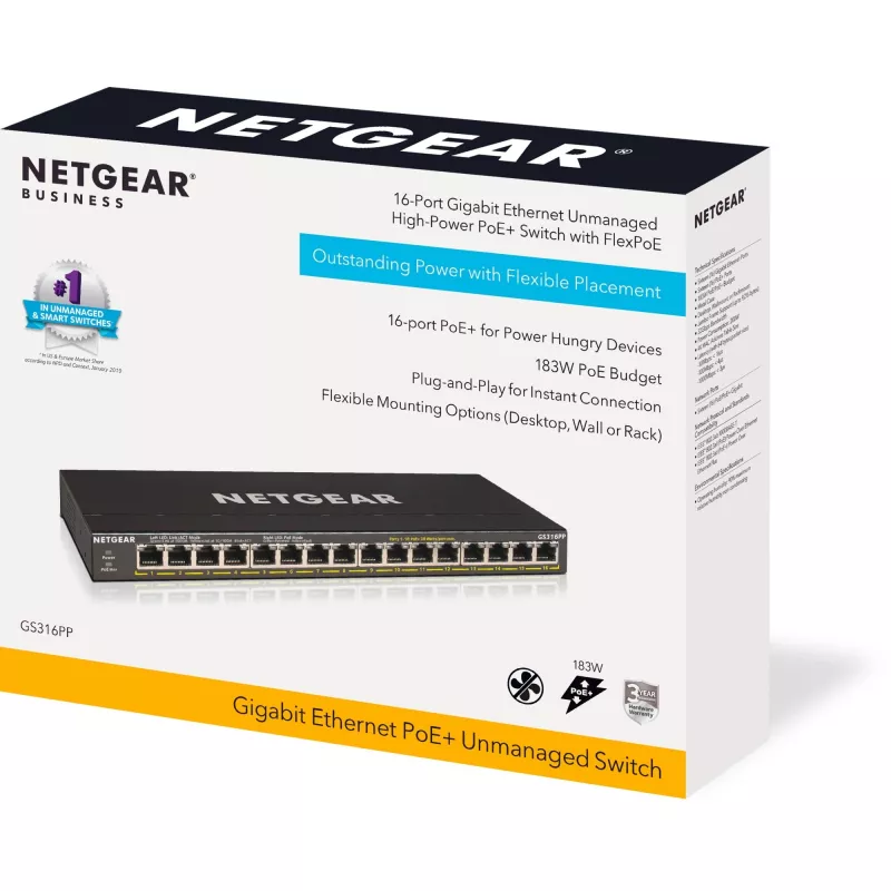 NETGEAR GS316PP nevaldomas Gigabit Ethernet (10/100/1000) Power over Ethernet (PoE) juodas
