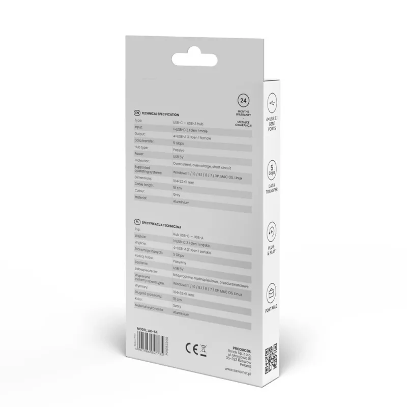 USB centrinis įrenginys SAVIO AK-54 — 4 x USB-A (USB 3.2 Gen 1), USB-C jungtis, juodas