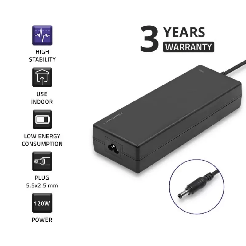 Qoltec 120W stalinis maitinimo šaltinis | 12V | 10A | 5,5*2,5 | su maitinimo laidu