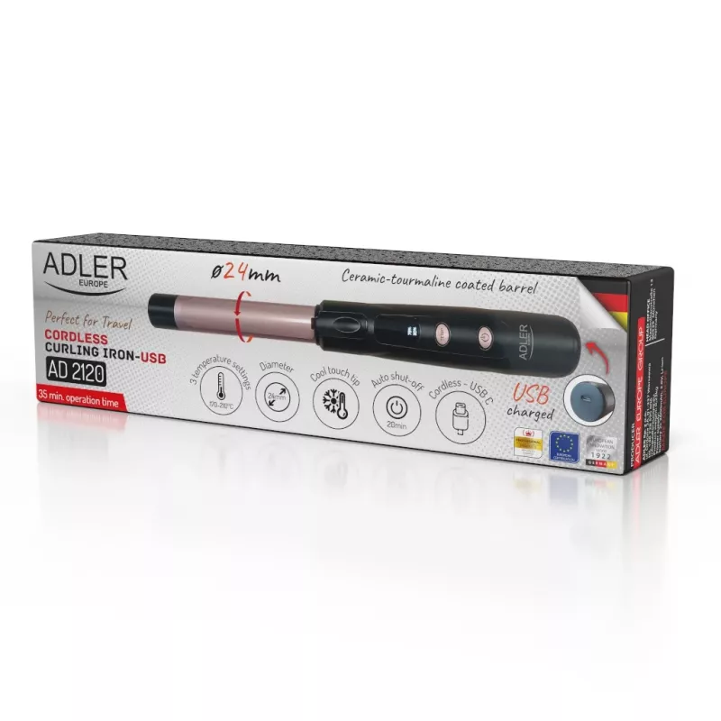 Belaidis garbanojimo lygintuvas Adler AD 2120 — 2,4 cm keraminis-turmalininis cilindras, LED ekranas, 170–210 °C, įkraunamas 2×2600 mAh