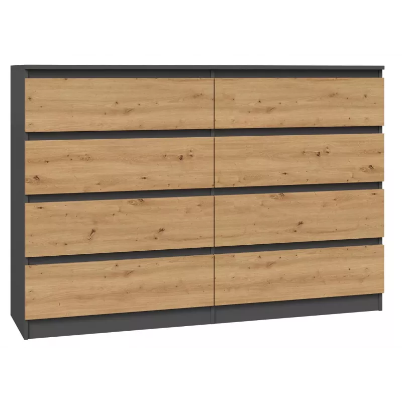 Komoda Top e shop M8 140 ANT/ART — 8 stalčių, Antracitas/Ąžuolas, 1380×400×970 mm, Medienos drožlių plokštė