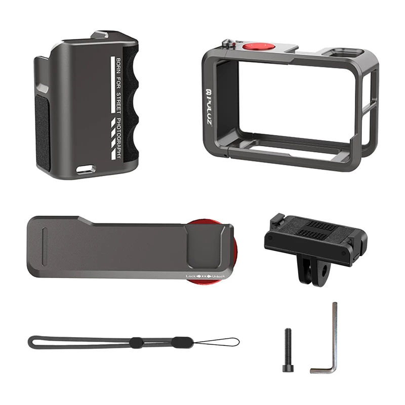 Metalinis apsauginis dėklas su Puluz rankena, skirtas DJI Osmo Action 5 Pro / Action 4 / Action 3