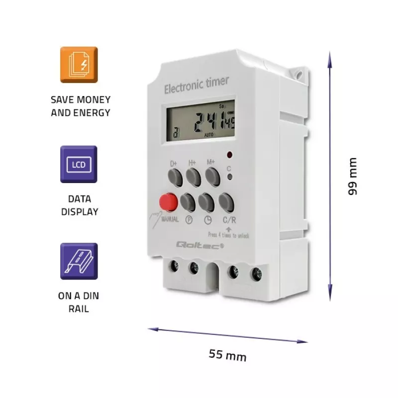 Elektroninis laikmatis DIN bėgiui QOLTEC PC0629 — 24V maitinimas, 16A išėjimas