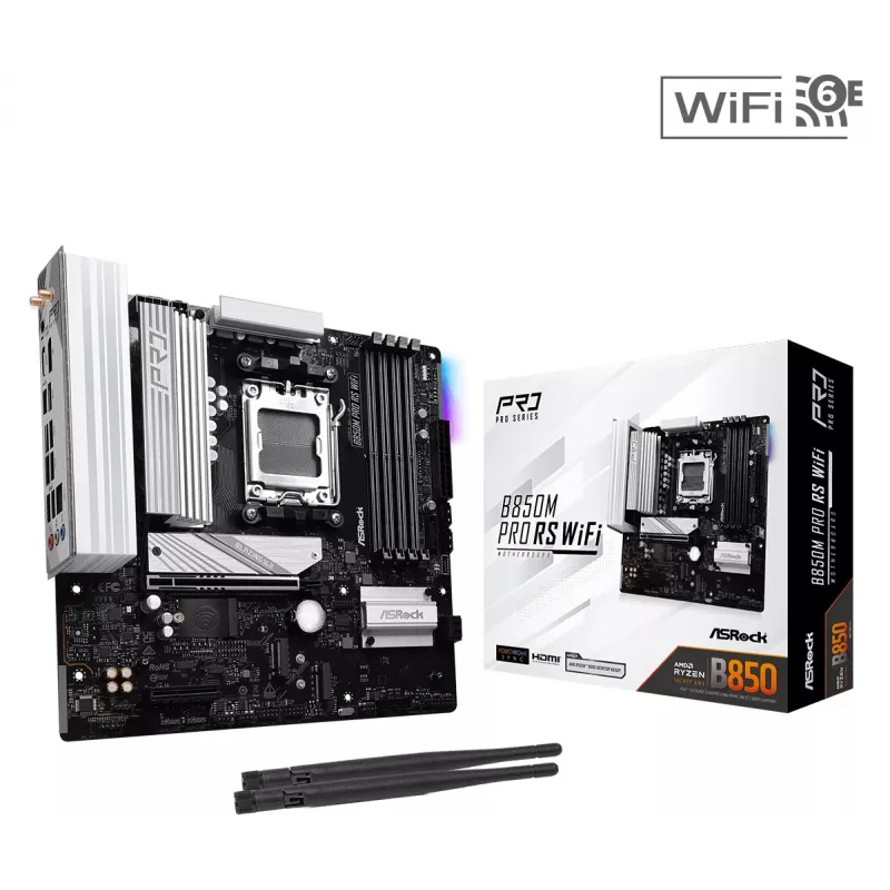 Motininė plokštė ASRock B850M Pro RS WiFi — AMD B850, Socket AM5, microATX, DDR5, 4 DIMM, 256GB, Wi‑Fi 6E, 2.5Gb LAN, 3x M.2
