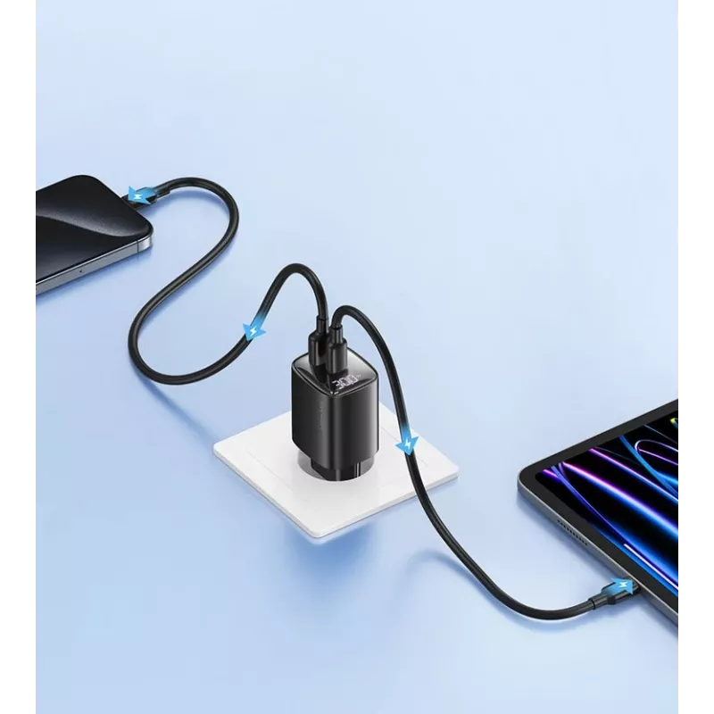 USB ir USB-C 30W GaN greitasis įkroviklis usams CC229 Baltas - LED indikatorius, kompaktiškas dizainas