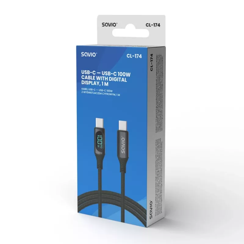 Savio CL-174 USB-C–USB-C kabelis, 100 W, Power Delivery/Quick Charge, skaitmeninis ekranas, 1 m, žalias
