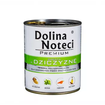 Šlapias suaugusių šunų ėdalas dolina noteci Premium su žvėriena (šerniena) 800 g, skardinė, 12% baltymų, 7% riebalų