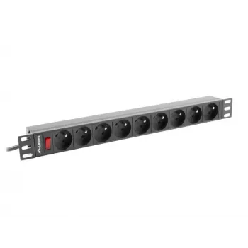Maitinimo paskirstymo blokas LANBERG PDU-09E-0300-BK — 9x E tipo lizdai, 16 A, 220–250 V, 3 m laidas, 1U, 19 colių